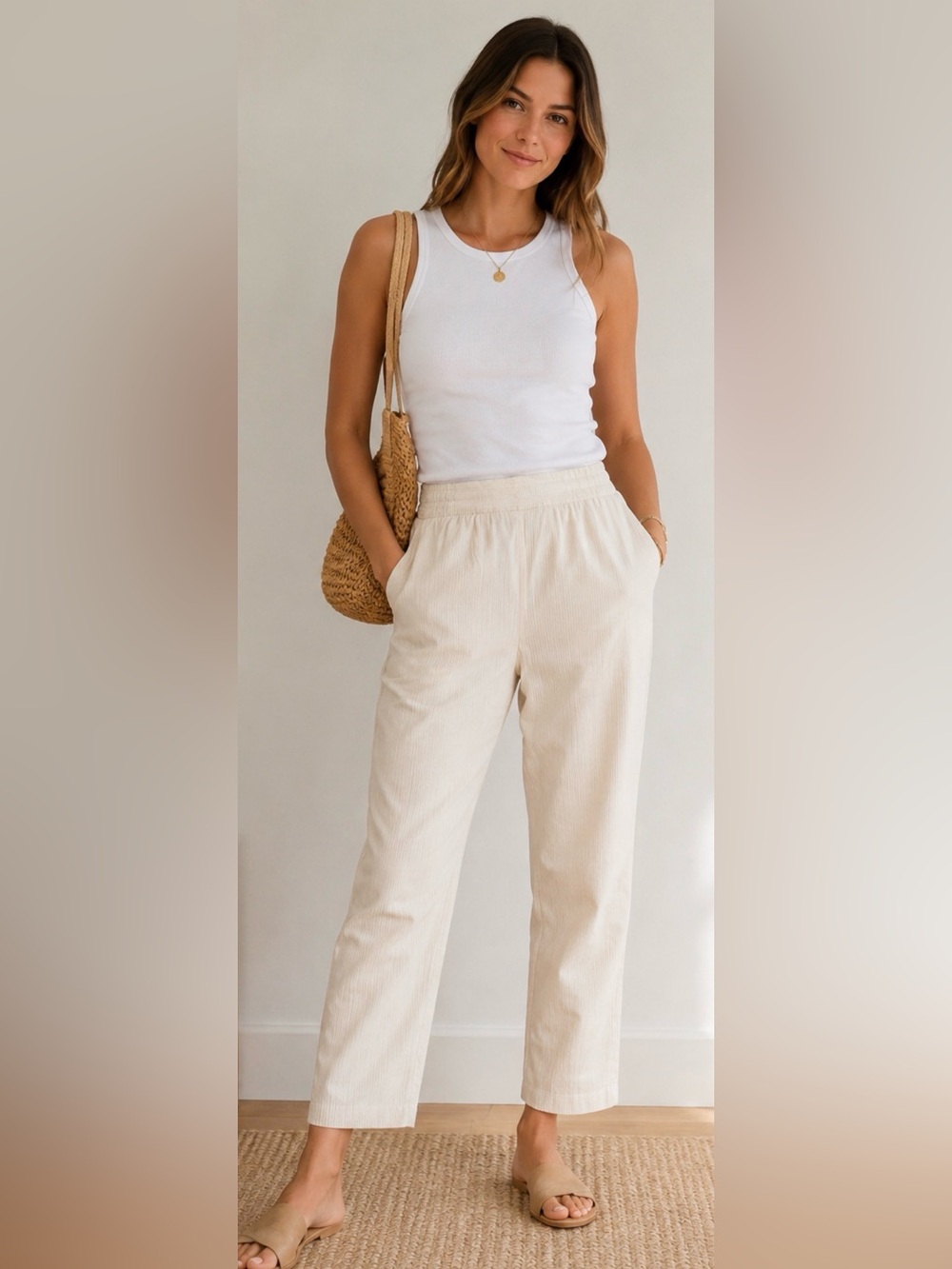 Vilagallo Beige Cotton Pull-On Pants EU 40 US 8 Elastic Waist Straight Leg